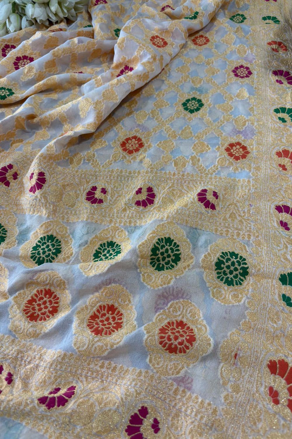 Dyeable Meenakari Flower Design Banarasi Pure Georgette Dupatta - Luxurion World- Crafted Heirlooms