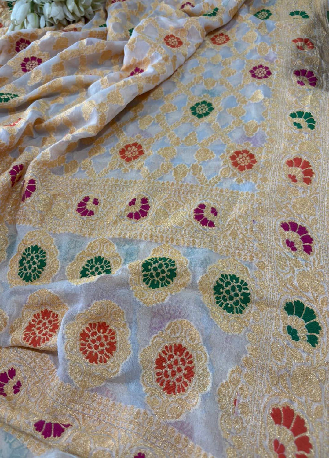 Dyeable Meenakari Flower Design Banarasi Pure Georgette Dupatta - Luxurion World- Crafted Heirlooms