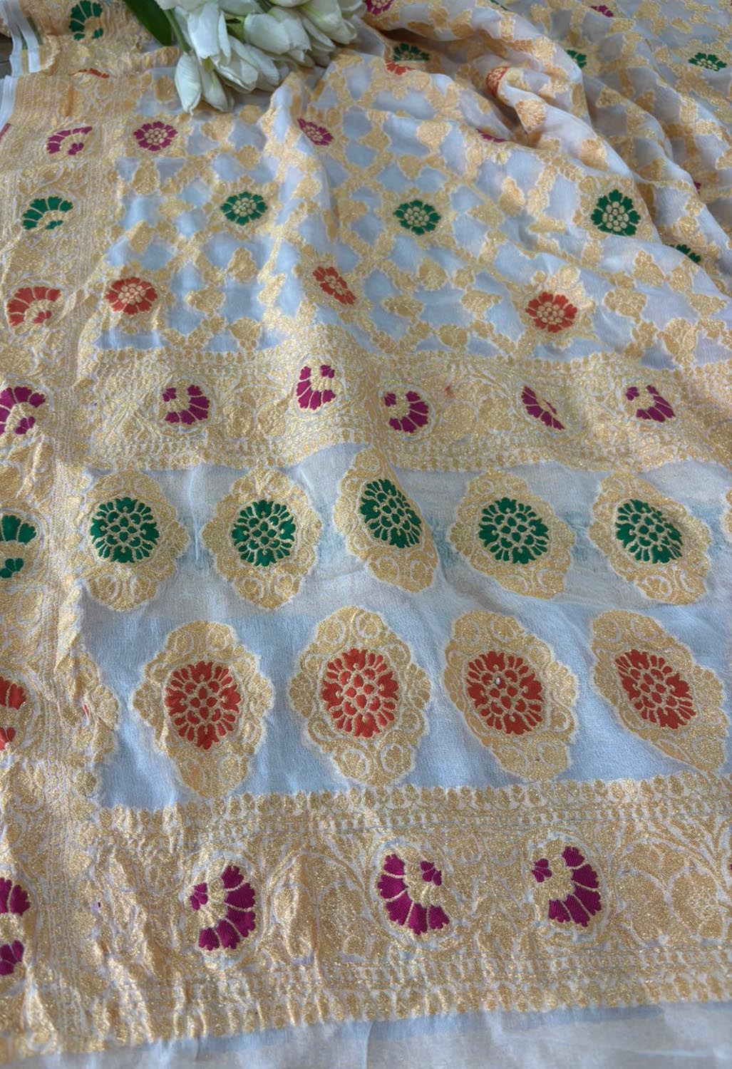 Dyeable Meenakari Flower Design Banarasi Pure Georgette Dupatta - Luxurion World- Crafted Heirlooms