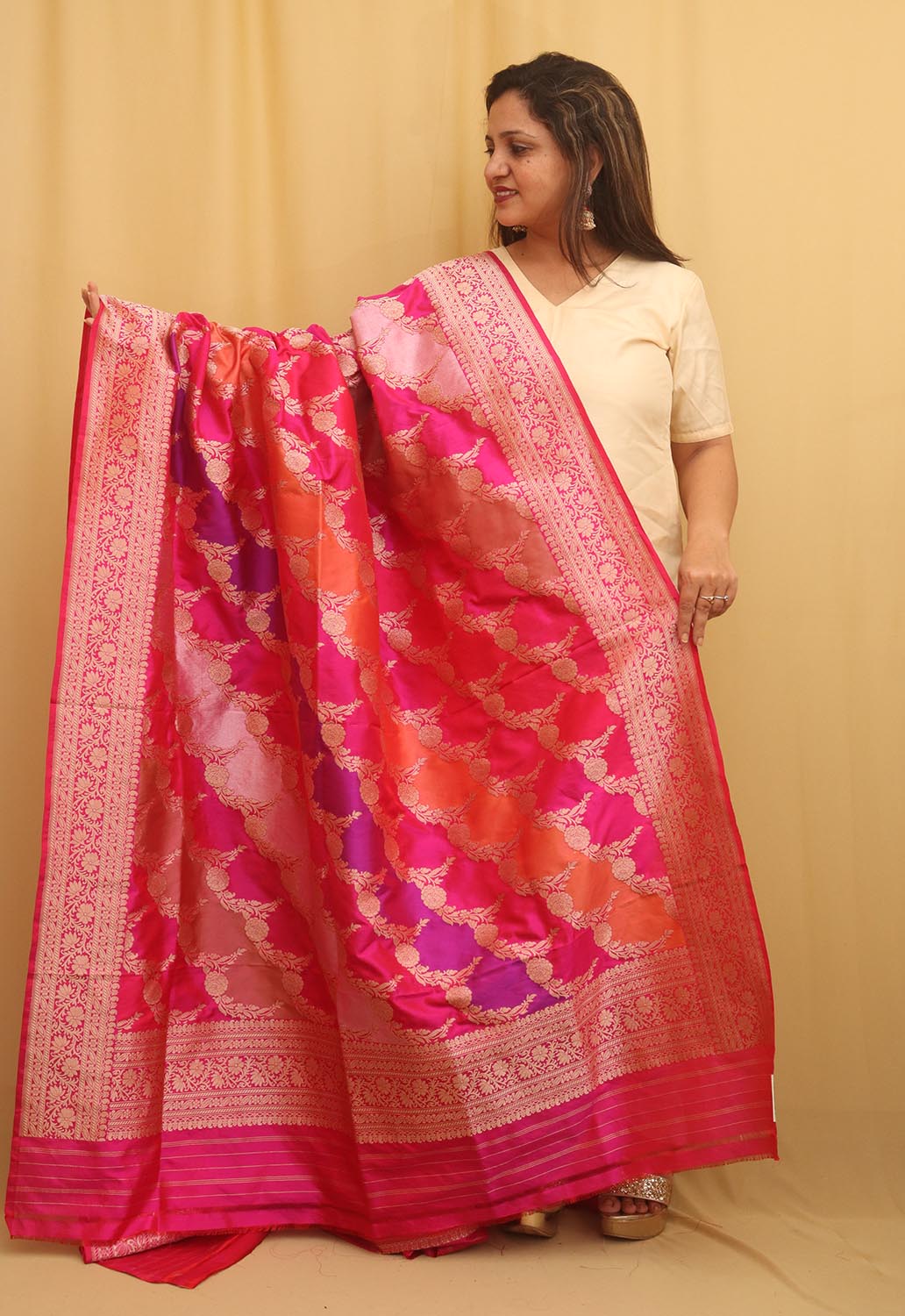 Multicolor Banarasi Handloom Pure Katan Silk Rangkat Dupatta - Luxurion World
