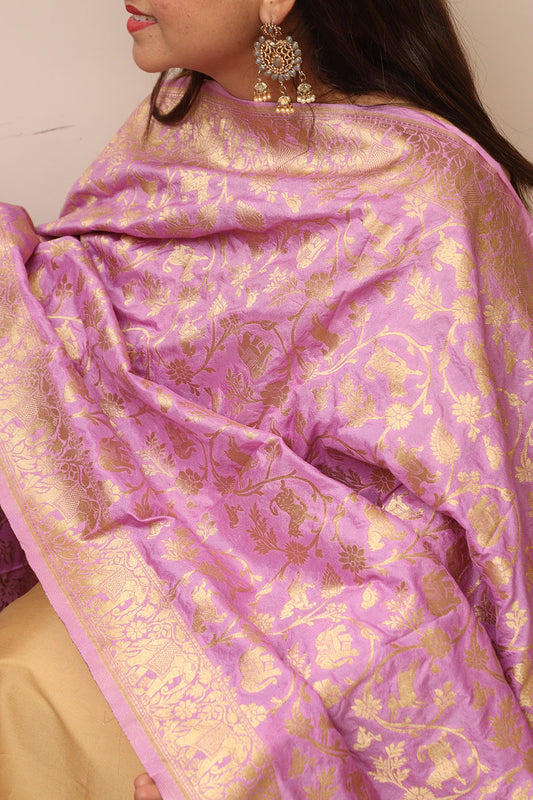 Elegant Purple Banarasi Silk Dupatta with Shikargah Design - Luxurion World
