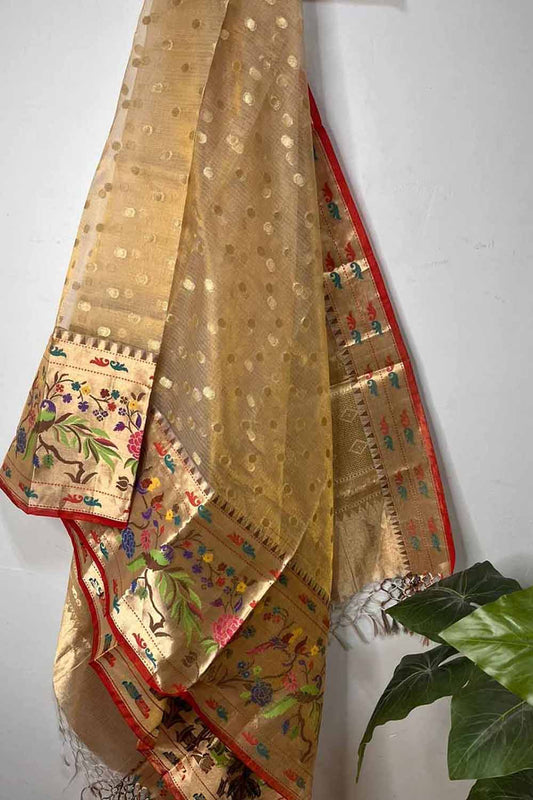 Elegant Pastel Banarasi Kota Tissue Paithani Border Dupatta - Luxurion World