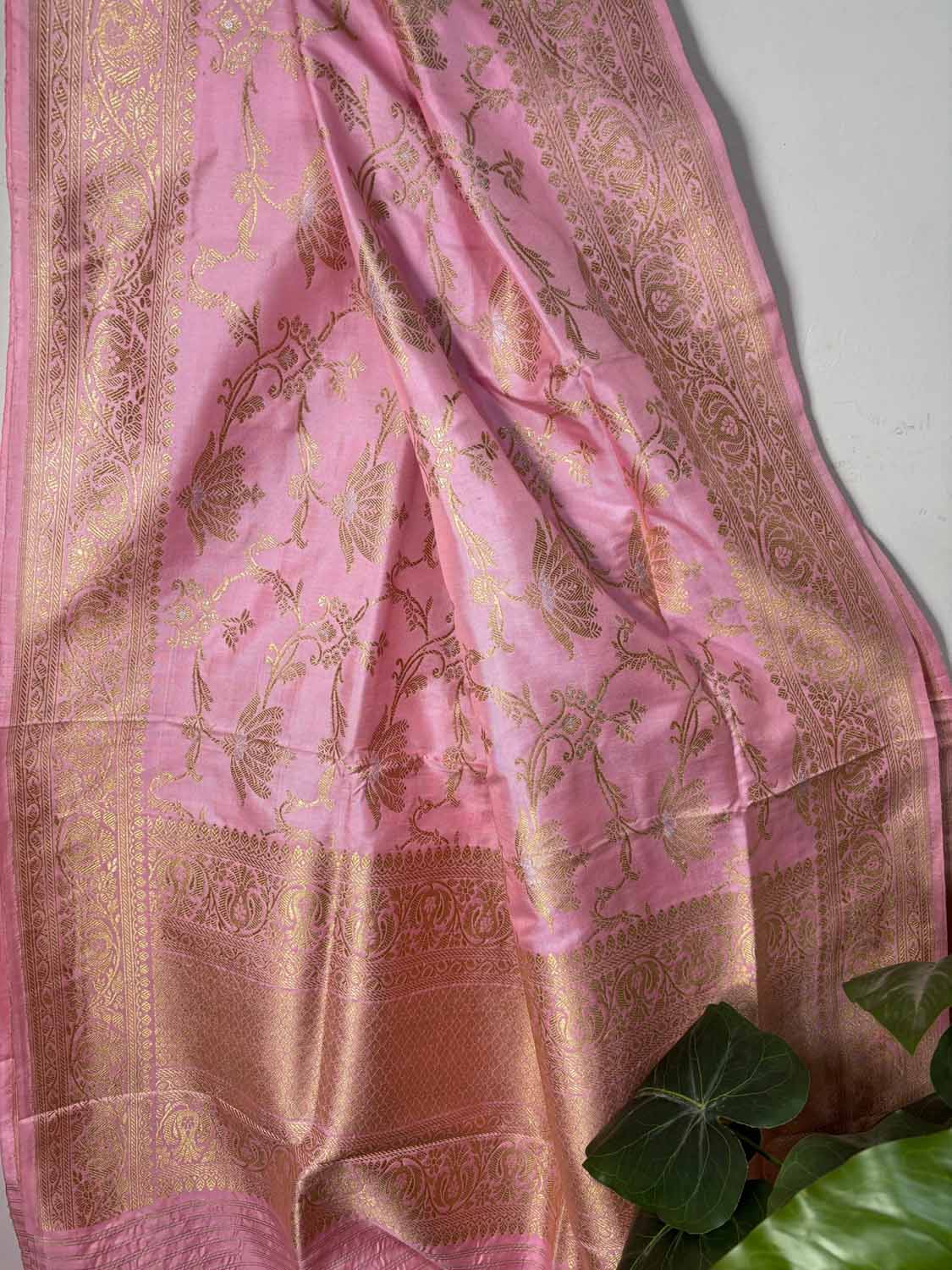 Beautiful Pink Banarasi Handloom Pure Katan Silk Kadwa Dupatta - Luxurion World- Crafted Heirlooms