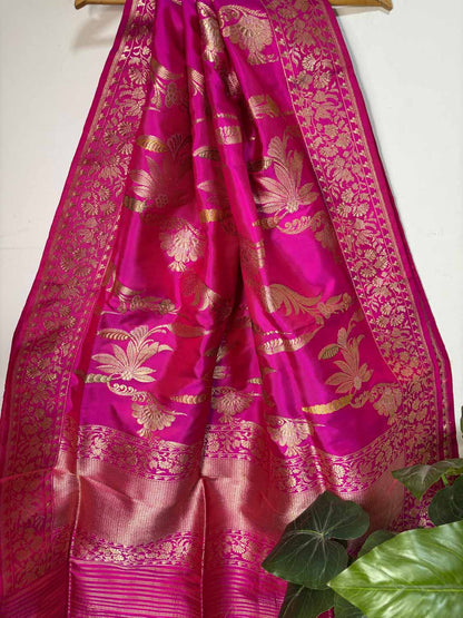 Beautiful Pink Banarasi Handloom Pure Katan Silk Kadwa Dupatta - Luxurion World