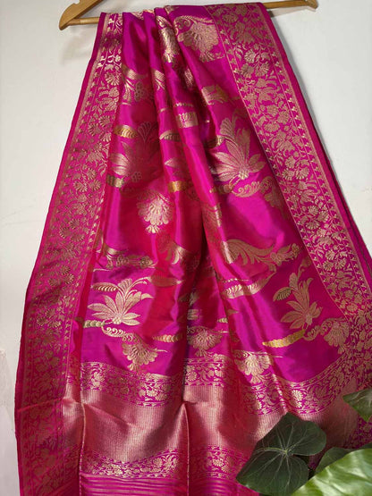 Beautiful Pink Banarasi Handloom Pure Katan Silk Kadwa Dupatta - Luxurion World
