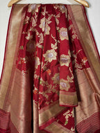 Exquisite Red Banarasi Handloom Pure Katan Silk Kadwa Dupatta - Luxurion World