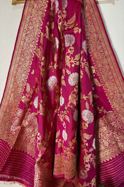 Beautiful Pink Banarasi Handloom Pure Katan Silk Kadwa Dupatta - Luxurion World