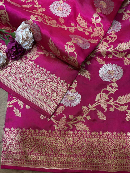 Beautiful Pink Banarasi Handloom Pure Katan Silk Kadwa Dupatta - Luxurion World