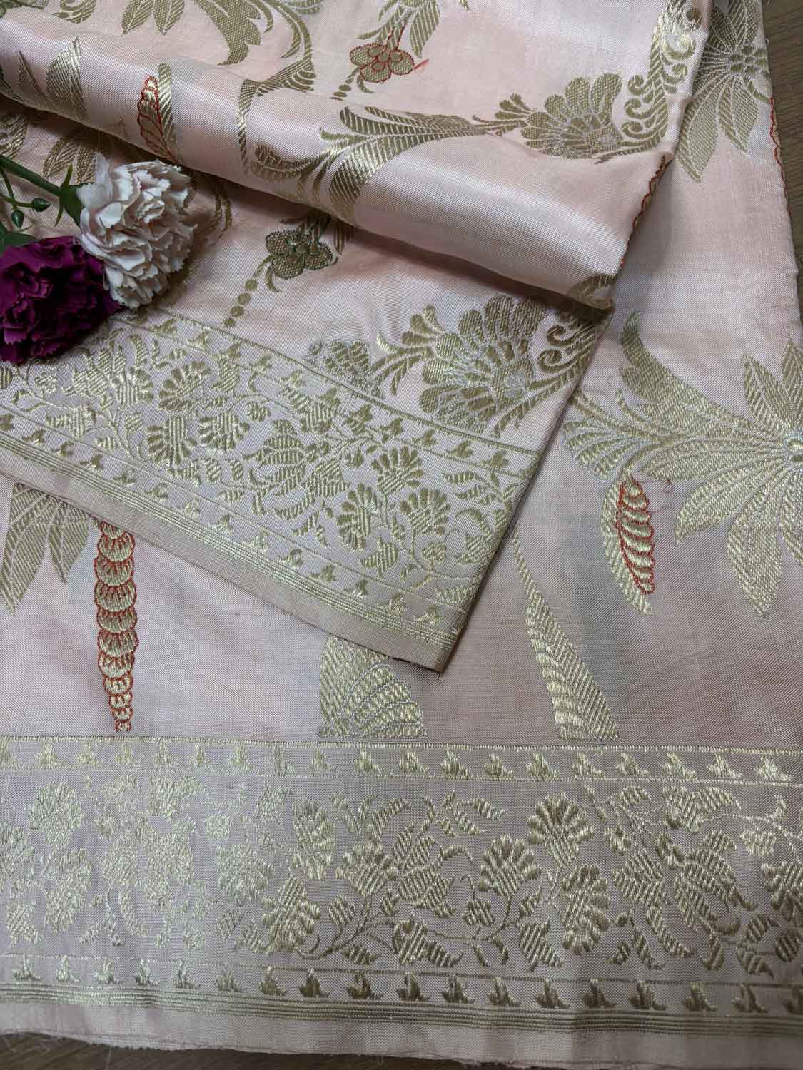 Beautiful Pink Banarasi Handloom Pure Katan Silk Kadwa Dupatta - Luxurion World