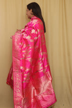 Beautiful Pink Banarasi Handloom Pure Katan Silk Kadwa Dupatta - Luxurion World- Crafted Heirlooms