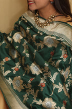 Exquisite Green Banarasi Handloom Pure Katan Silk Kadwa Dupatta - Luxurion World- Crafted Heirlooms