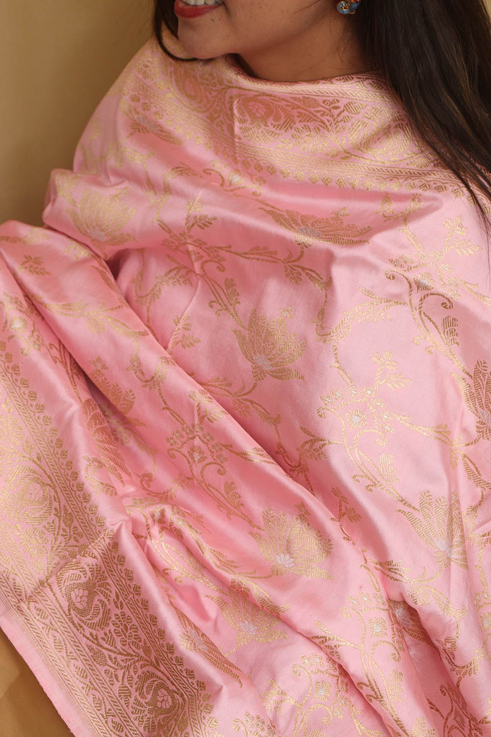 Beautiful Pink Banarasi Handloom Pure Katan Silk Kadwa Dupatta - Luxurion World- Crafted Heirlooms