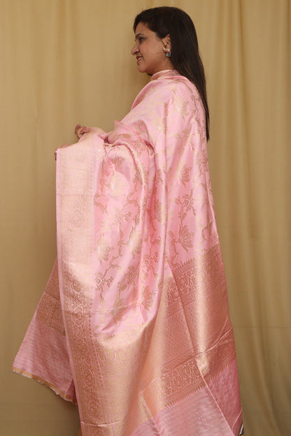 Beautiful Pink Banarasi Handloom Pure Katan Silk Kadwa Dupatta - Luxurion World