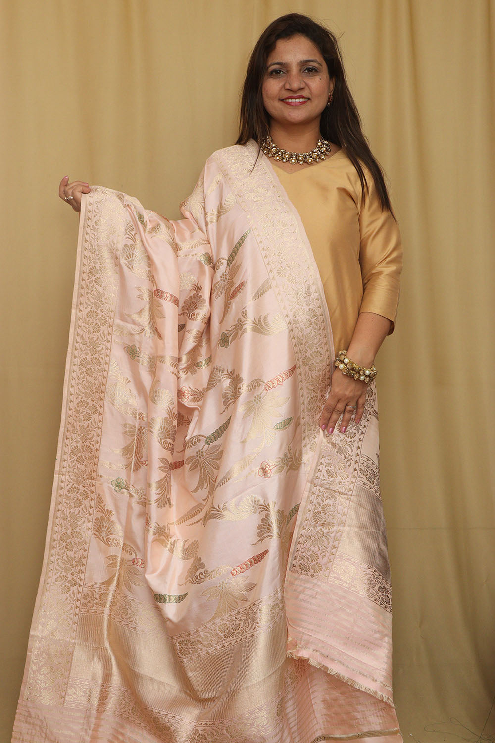 Beautiful Pink Banarasi Handloom Pure Katan Silk Kadwa Dupatta - Luxurion World