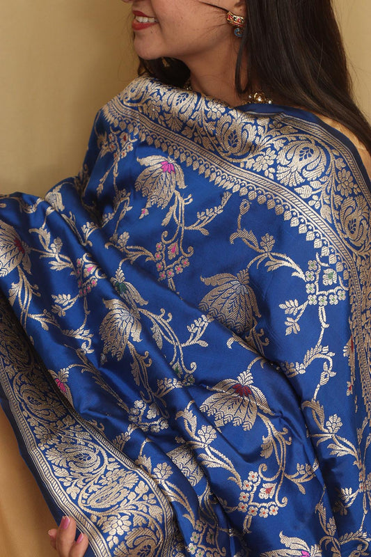 Beautiful Blue Banarasi Handloom Pure Katan Silk Kadwa Dupatta - Luxurion World