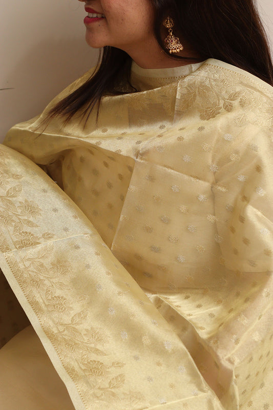 Golden Banarasi Tissue Silk Booti Design Dupatta - Luxurion World