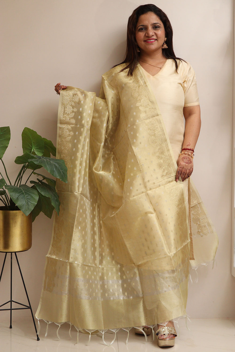 Golden Banarasi Tissue Silk Booti Design Dupatta - Luxurion World- Crafted Heirlooms