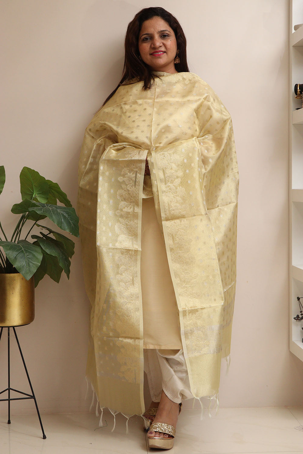 Golden Banarasi Tissue Silk Booti Design Dupatta - Luxurion World- Crafted Heirlooms