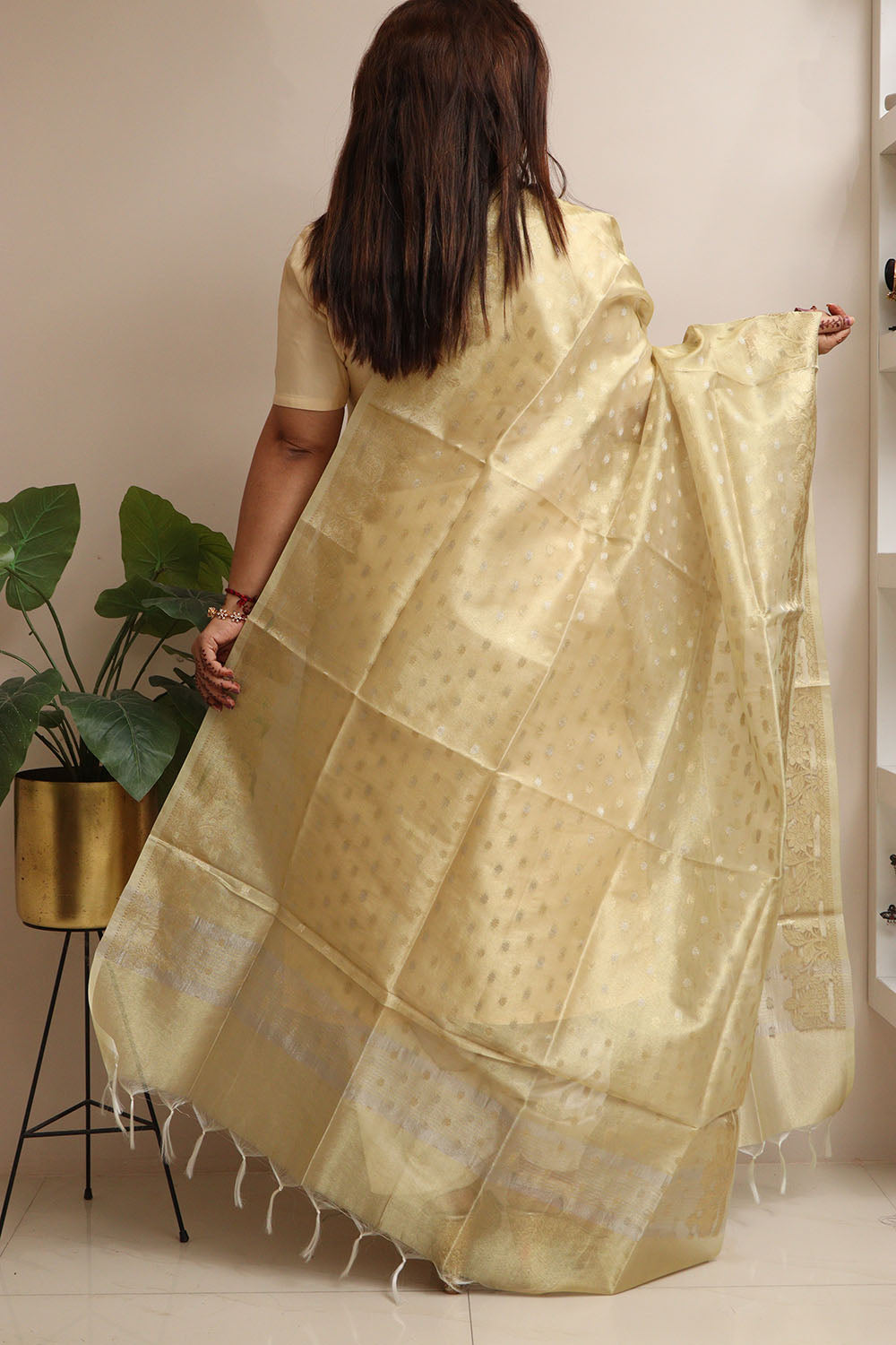 Golden Banarasi Tissue Silk Booti Design Dupatta - Luxurion World- Crafted Heirlooms