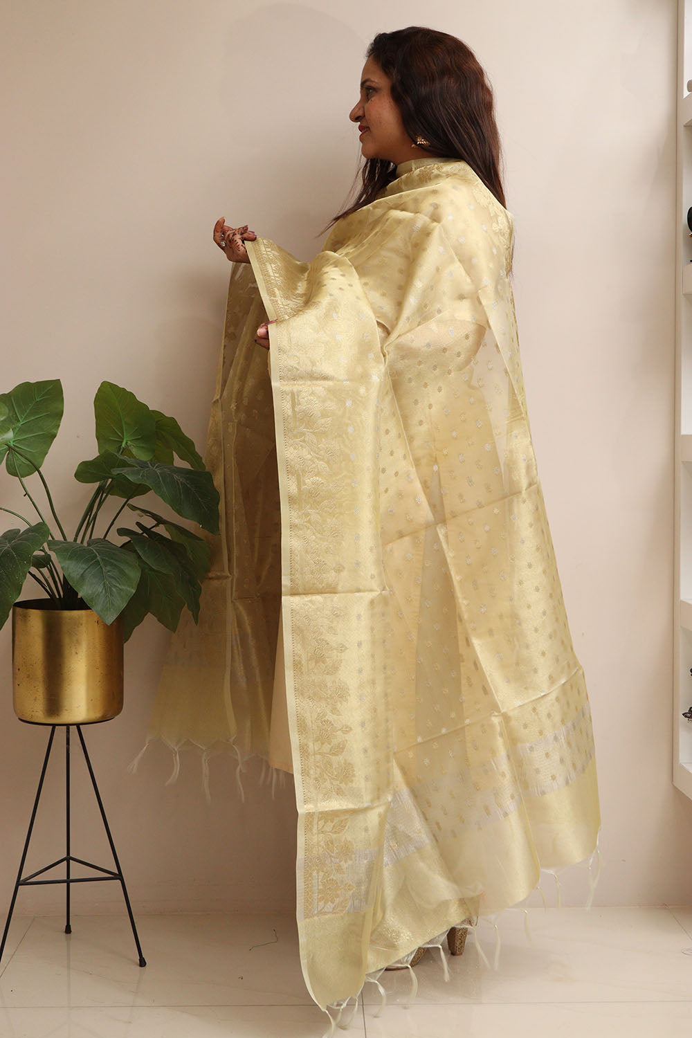 Golden Banarasi Tissue Silk Booti Design Dupatta - Luxurion World- Crafted Heirlooms