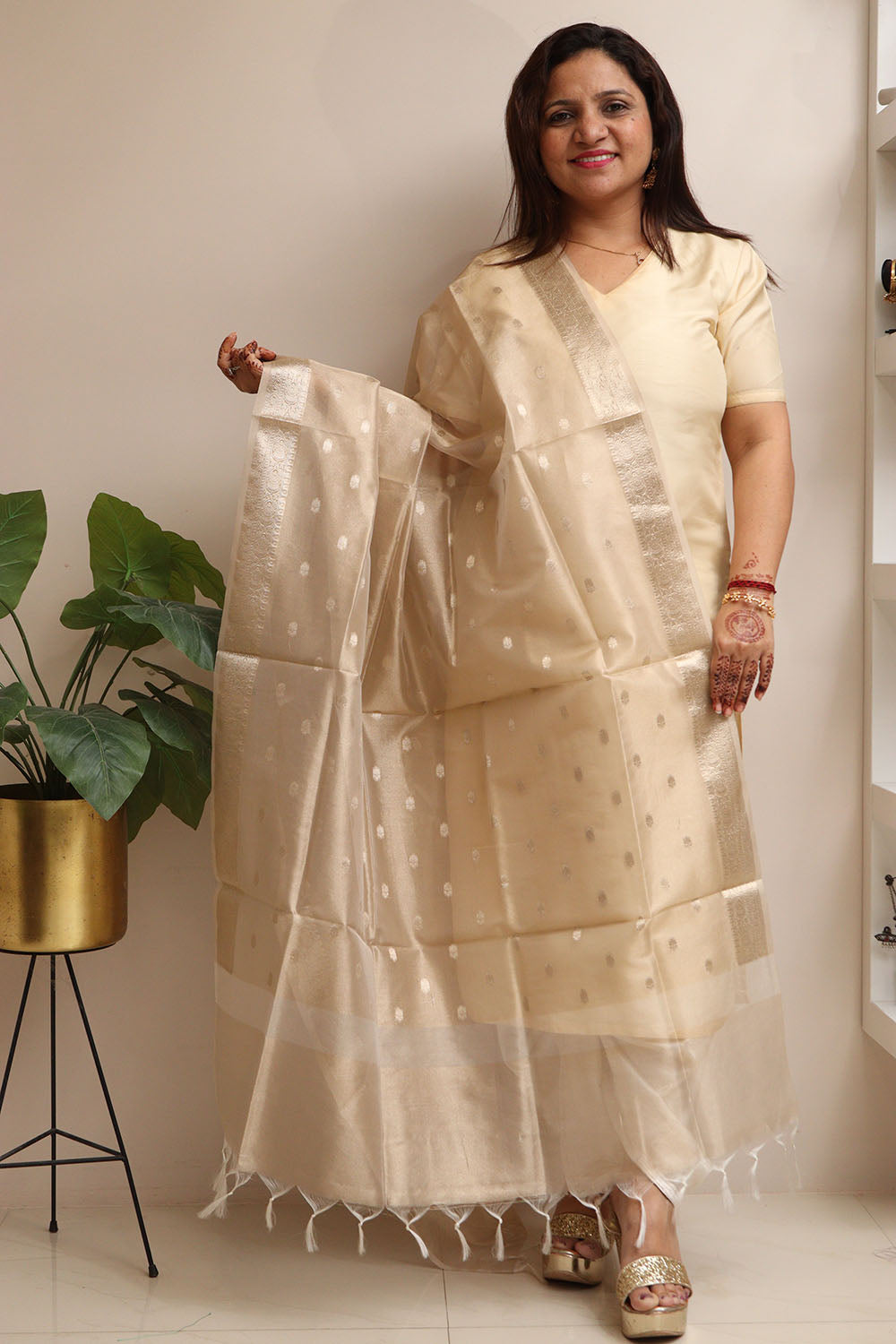 Stunning Dyeable Banarasi Tissue Silk Polka Dot Dupatta - Luxurion World