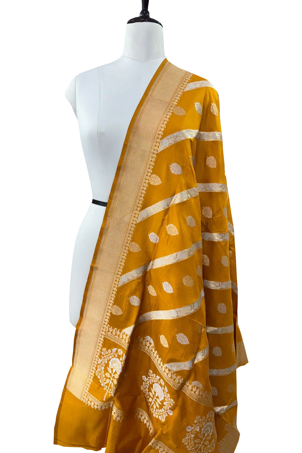 Yellow Banarasi Handloom Pure Katan Silk Dupatta - Luxurion World