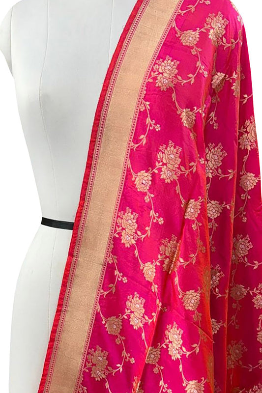 Exquisite Pink Banarasi Katan Silk Dupatta - Luxurion World