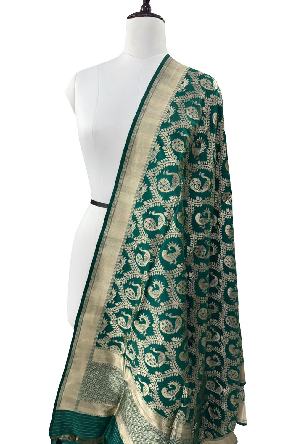 Green Banarasi Handloom Pure Katan Silk Dupatta - Luxurion World