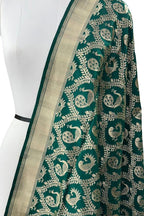 Green Banarasi Handloom Pure Katan Silk Dupatta - Luxurion World