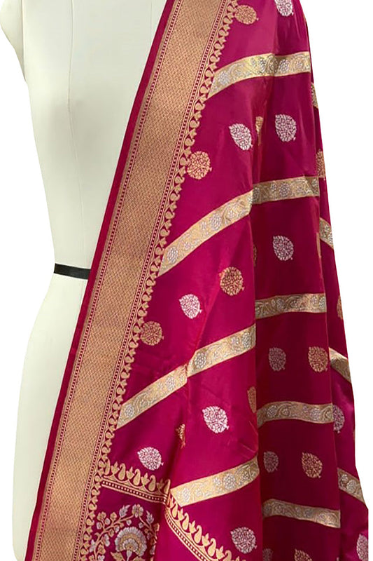 Exquisite Pink Banarasi Handloom Silk Dupatta - Luxurion World