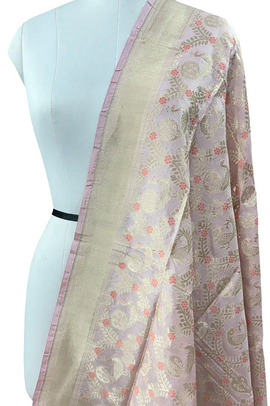 Graceful Pink Banarasi Silk Dupatta - Handloom Katan