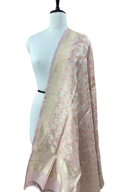 Graceful Pink Banarasi Silk Dupatta - Handloom Katan - Luxurion World