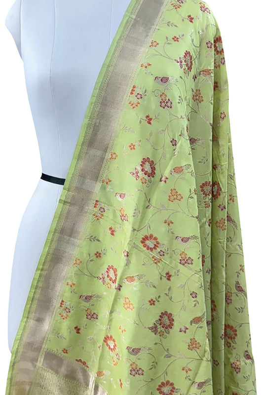 Green Banarasi Handloom Pure Katan Silk Dupatta - Luxurion World