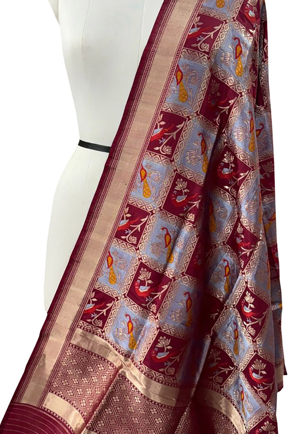 Maroon And Blue Banarasi Handloom Pure Katan Silk Dupatta - Luxurion World