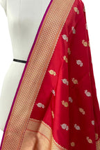 Red Banarasi Handloom Pure Katan Silk Dupatta - Luxurion World