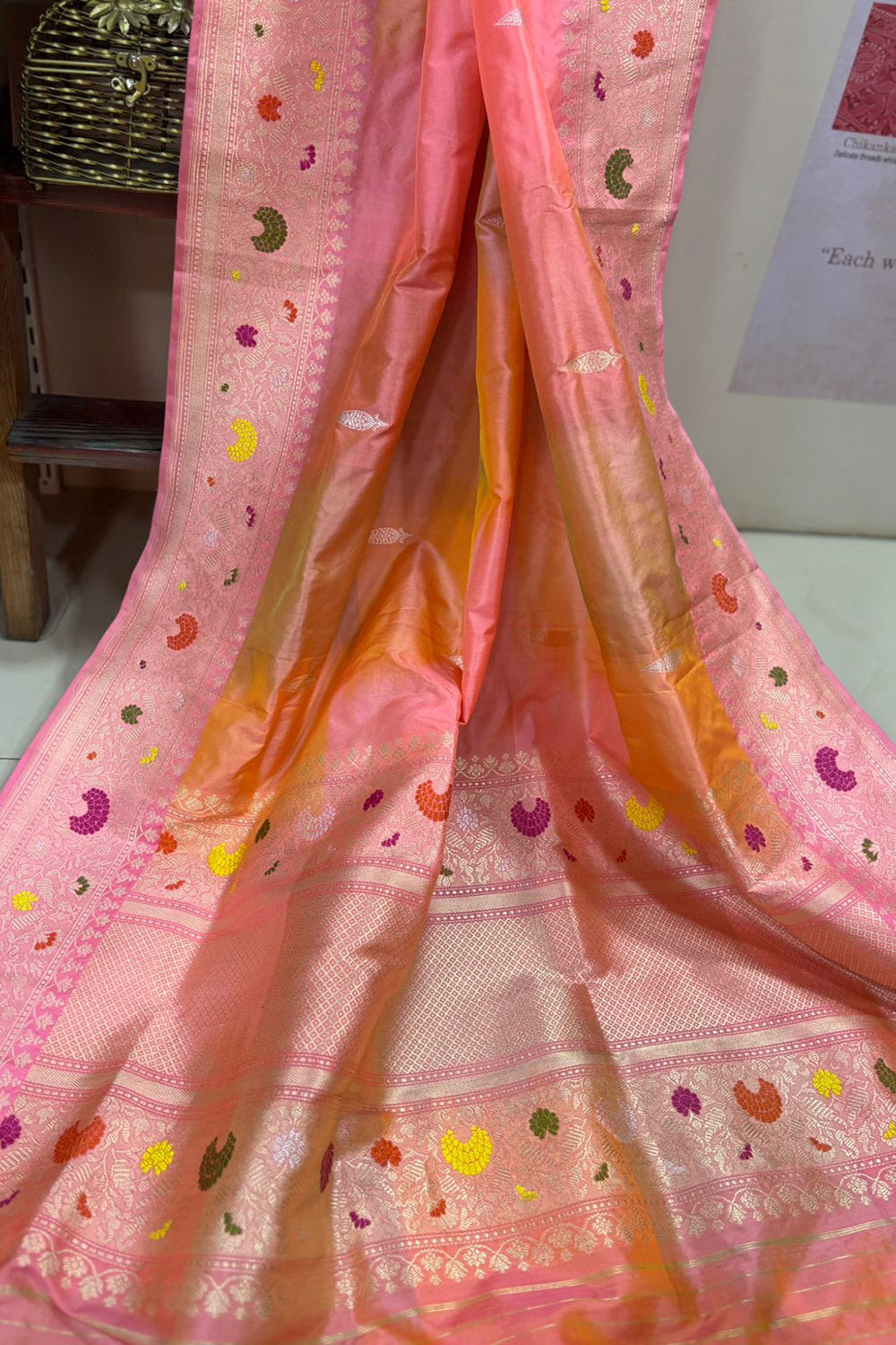 Peach Banarasi Pure Katan Silk Dupatta — Ranga Meenakari, Bridal