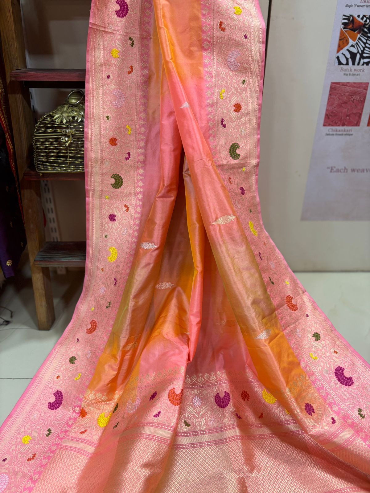 Peach Banarasi Pure Katan Silk Dupatta — Ranga Meenakari, Bridal