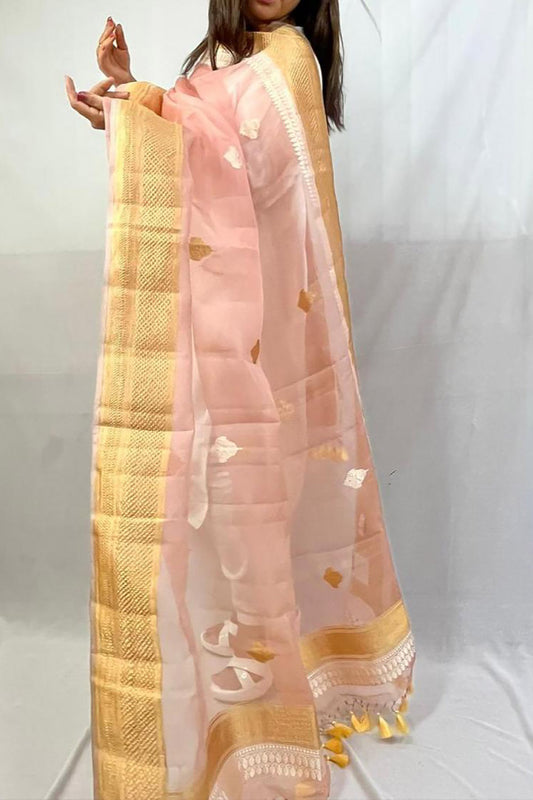 Pink Handloom Banarasi Pure Kora Silk Dupatta - Luxurion World