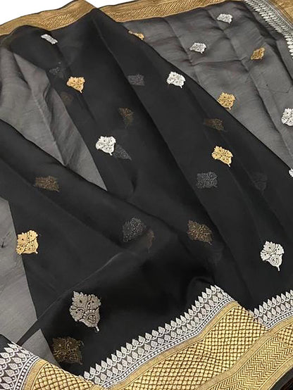 Black Handloom Banarasi Pure Kora Silk Dupatta - Luxurion World