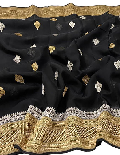 Black Handloom Banarasi Pure Kora Silk Dupatta - Luxurion World