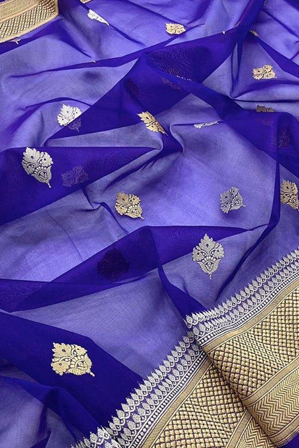 Blue Handloom Banarasi Pure Kora Silk Sona Roopa Dupatta - Luxurion World