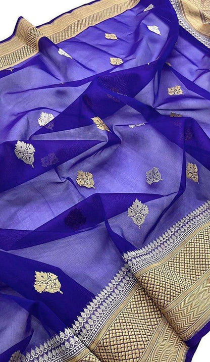 Blue Handloom Banarasi Pure Kora Silk Sona Roopa Dupatta - Luxurion World