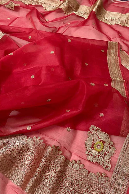 Red Handloom Banarasi Pure Kora Organza Antique Zari Koniya Design Dupatta - Luxurion World