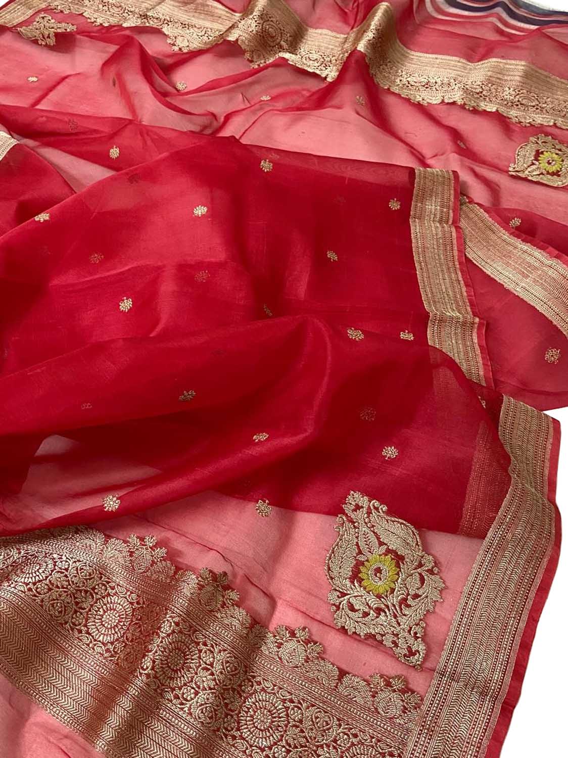 Red Handloom Banarasi Pure Kora Organza Antique Zari Koniya Design Dupatta - Luxurion World