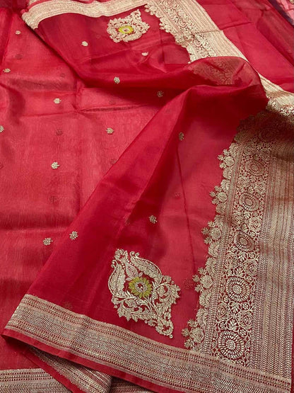 Red Handloom Banarasi Pure Kora Organza Antique Zari Koniya Design Dupatta - Luxurion World