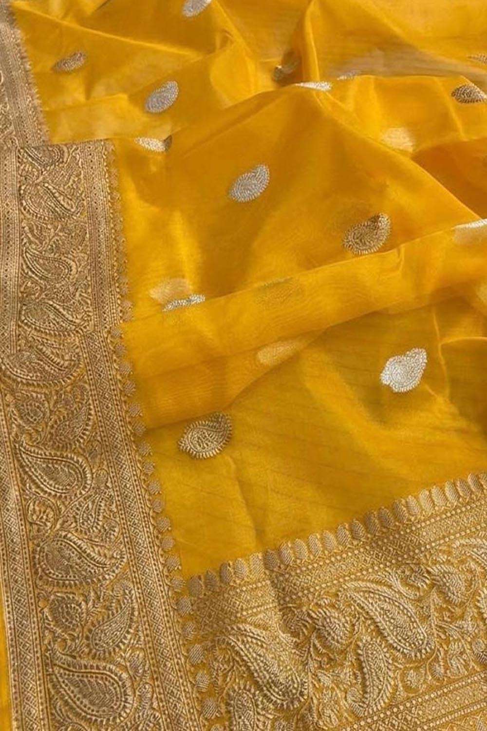 Yellow Handloom Banarasi Pure Kora Silk Dupatta - Luxurion World- Crafted Heirlooms