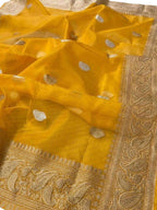 Yellow Handloom Banarasi Pure Kora Silk Dupatta - Luxurion World- Crafted Heirlooms