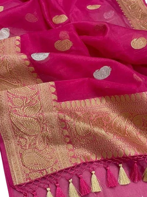 Pink Handloom Banarasi Pure Kora Silk Dupatta - Luxurion World- Crafted Heirlooms