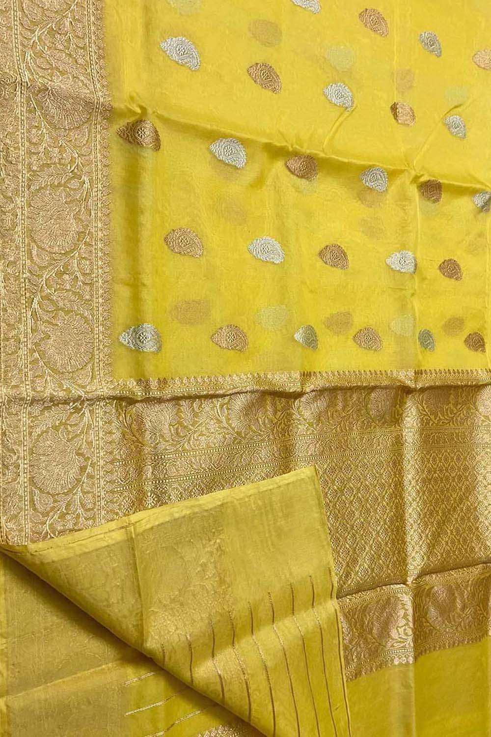 Yellow Handloom Banarasi Pure Kora Silk Dupatta - Luxurion World- Crafted Heirlooms