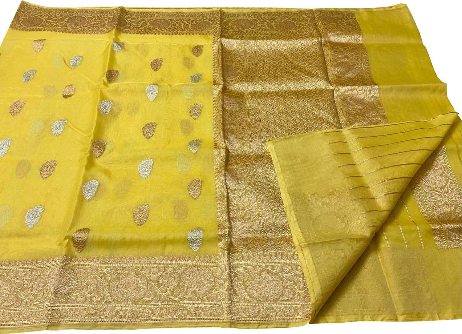 Yellow Handloom Banarasi Pure Kora Silk Dupatta - Luxurion World- Crafted Heirlooms